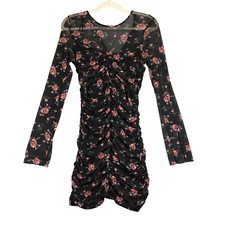 ZARA Ruched Mini Dress Black Floral Womens Medium Lined Sheath Sheer Chic