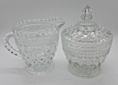 Vintage Anchor Hocking Wexford Cut Glass Sugar Bowl With Lid and Creamer