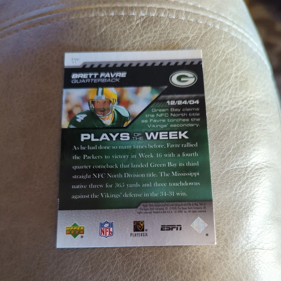 2005 Upper Deck ESPN Plays of the Week Brett Favre Green Bay Packers Card #PW-11 - Image 2 of 2