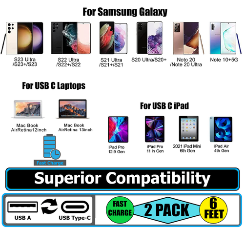 2 Pack 6ft Fast Charger Cable USB Cord for Samsung Galaxy A06 A14 15 16 25 35 55 - Picture 14 of 118