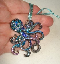 6" Octopus Pendant Holiday Ornament with Blue and Turquoise Glass Rhinestones