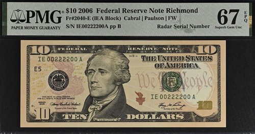 2006 $10 Federal Reserve Note PMG 67EPQ - Top Pop Super Radar Serial 00222200 - Picture 3 of 4