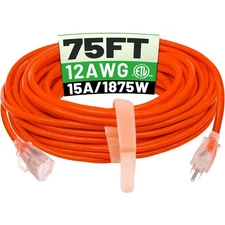 75 Ft 12/3 Outdoor Extension Cord Waterproof Heavy Duty with Lighted Indicator