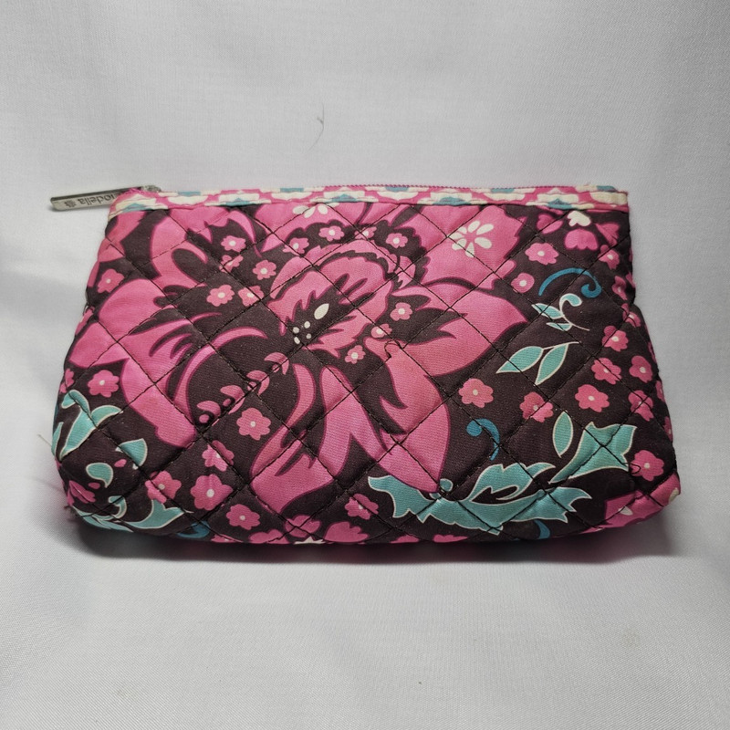 Modella Quilted Floral Fabric Makeup Bag Zipper Pouch Pink Brown Blue