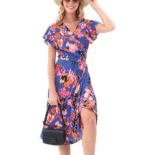 Vestido midi envolvente manga acampanada estampado floral azul Vyolu para mujer - Talla S - Imagen 1 de 3