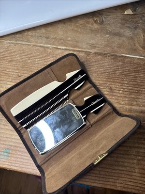VTG Italy Comb & Mirror Set  Velveteen Case Janeke Mod Dep Neiman Marcus Striped