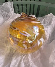 Glass Sphere Orb Suncatcher Yellow White Swirl 5" BEAUTIFUL