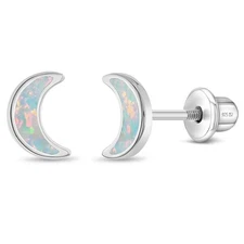 Opal Crescent Moon Children's / Girls Earrings Screw Back - Sterling Silver