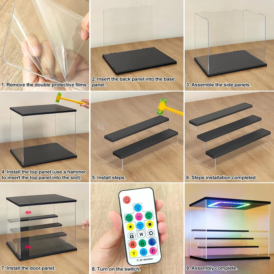 Vetrina in Acrilico Trasparente Con Luce Led Colorata,3/4/5/6 Tier Teca Espositi - Immagine 3 di 4