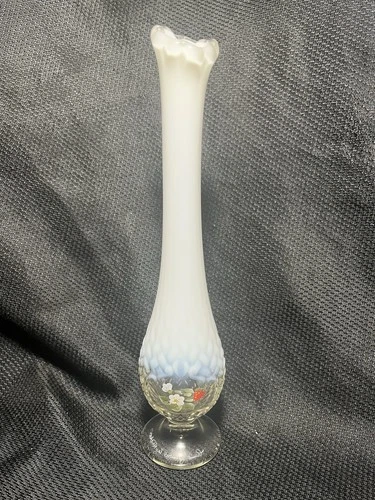 Fenton White Opalescent Glass Swung Vase Strawberry Signed