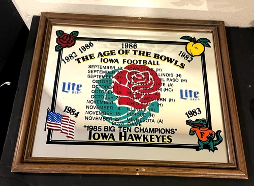 Vintage 1983 Iowa Hawkeyes AGE OF THE BOWLS Miller Lite Beer Mirror Sign 16"x20"