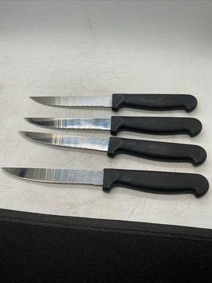 Diamond Cut - Lot Of 4 Serrated Steak Knives - Black Handles