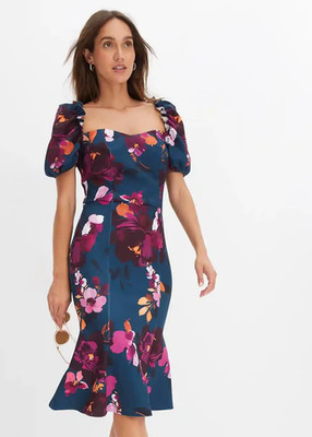 Freemans Turquoise Floral Midi Dress with Puff Sleeve Plus UK 18/20 (fm223-12)