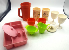 Lot of Vintage Kids Play Dishes and a Tupperware Kids Orange Drink Pitcher