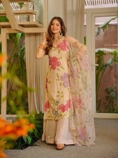 Latest Tibby Organza Silk Cream Top Palazzo With Dupatta For Function Wear
