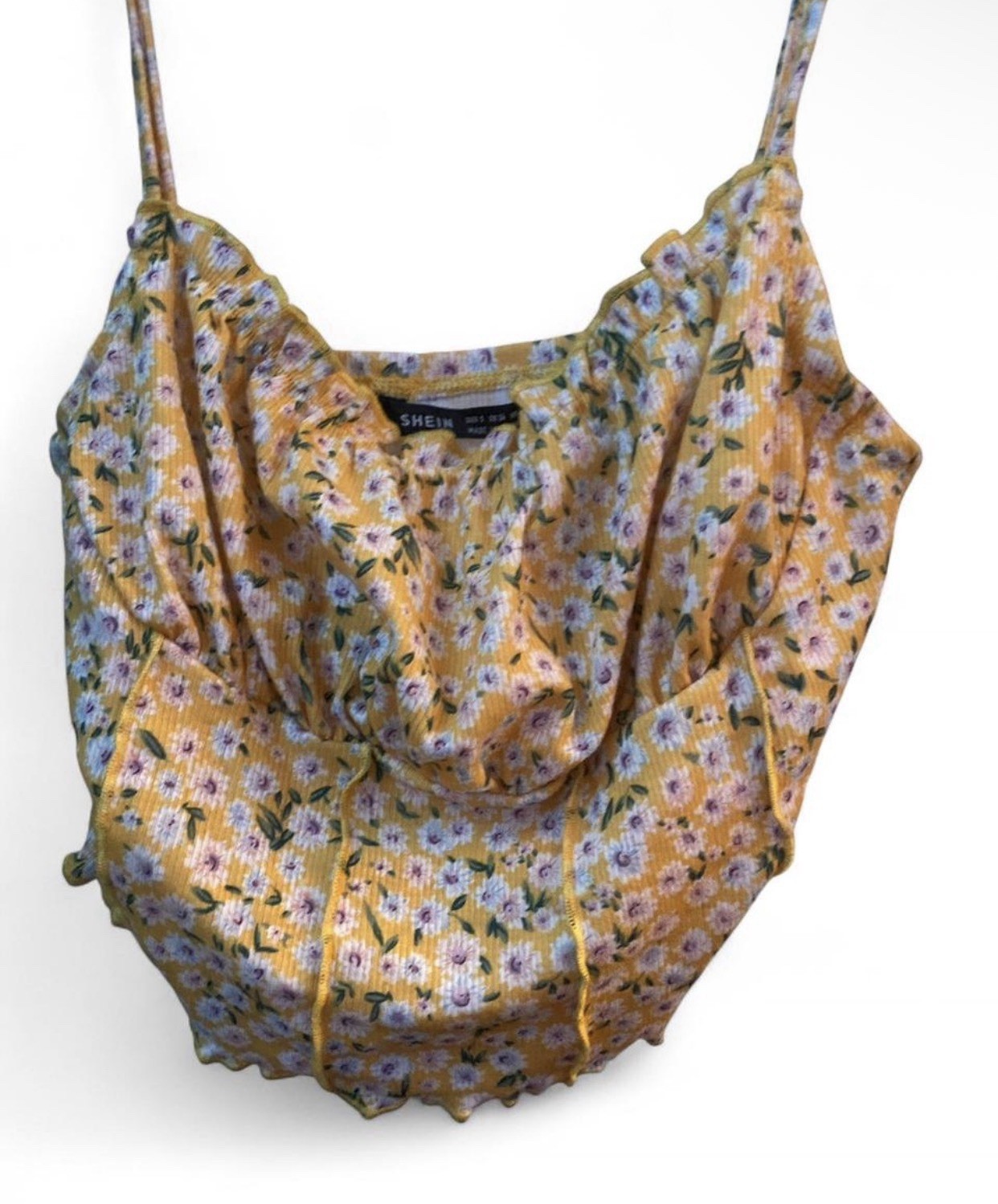 SHEIN Yellow Floral Ribbed Square Neck Spaghetti Strap Cropped Tank Top S