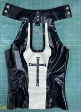 UK 6-18 Black White Cross Crucifix Latex Top plunge rubber fetish wear
