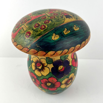 Vintage Wooden Russian Mushroom Landscape Flowers Hand Painted 5'' Label Gift