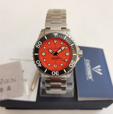 NEU IN OVP CADISEN C8232 AQUA DIVER ORANGE SEIKO NH35 STAHL UHR SAPHIR BGW9 100m