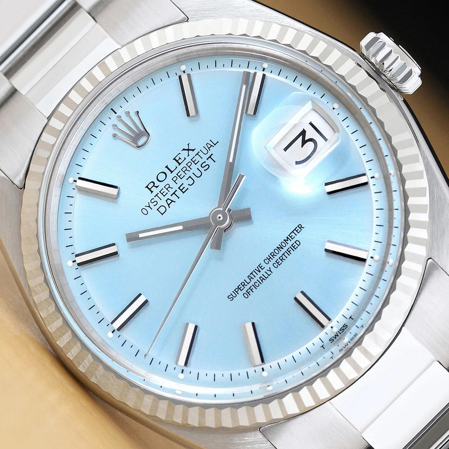 ROLEX MENS DATEJUST ICE BLUE 18K GOLD STAINLESS STEEL WATCH w/ OYSTER BRACELET