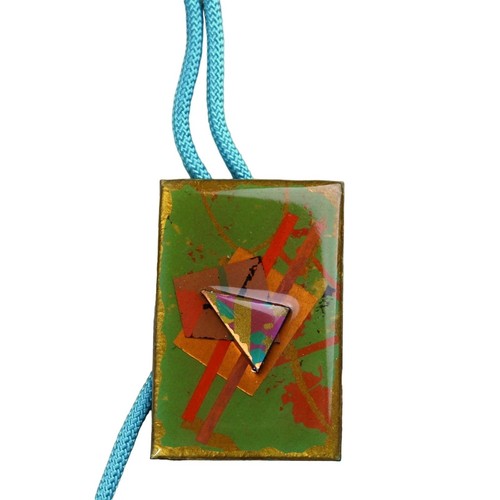 90s Abstract Bolo Tie Memphis Style OOAK Artist Signed Art Gold Green Collage - Picture 2 of 9