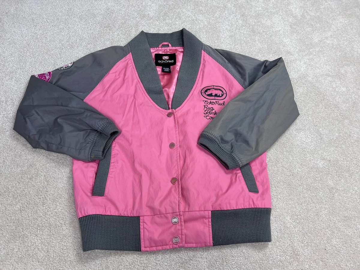 Ecko Jacket Girls Extra Large Pink Gray Satin Spell Out Chest Snap