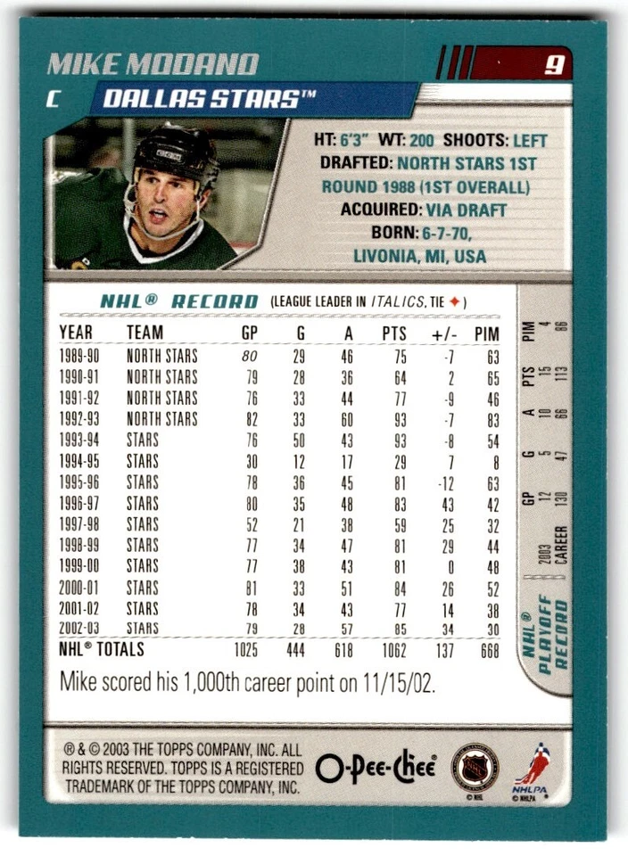 Mike Modano 2003-04 O-Pee-Chee #9 Dallas Stars - Image 2 of 2