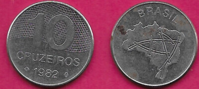 BRAZIL 10 CRUZEIROS 1982 AU MAP OF BRAZIL,DENOMINATION,VALUE DATE,LINEAR DESIGN