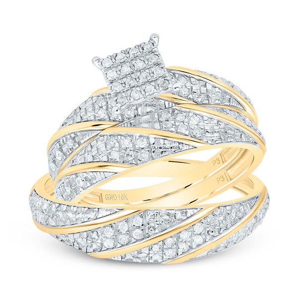10K Gelbgold Diamant Dreifach Set Verdreht Quadratisch Braut + Passende BäNder-image