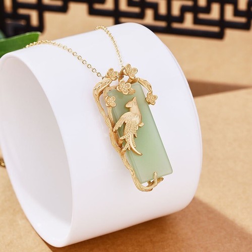 Jade pendant with a Chinese-style design, featuring a courtly copper gold-plated - Picture 7 of 8