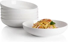Porcelain Salad Bowl Set (6) for Kitchen, Shallow Pasta Bowls 22 oz White
