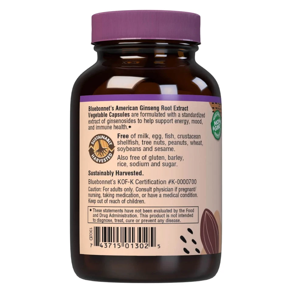Extracto de raíz de ginseng americano Bluebonnet 60 cápsulas vegetales, salud inmunológica Foto 3 de 4