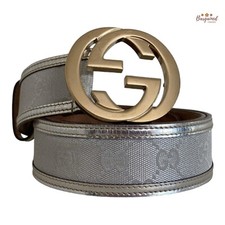 Auth Gucci Silver Monogram Canvas Leather Gold Interlocking G Buckle Belt 90/36