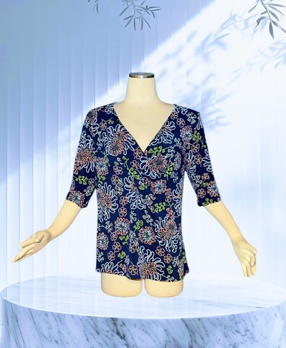 GEORGE Navy Blue DRAPED NECK Floral Top STRETCH Half Sleeve Women's Large NWT