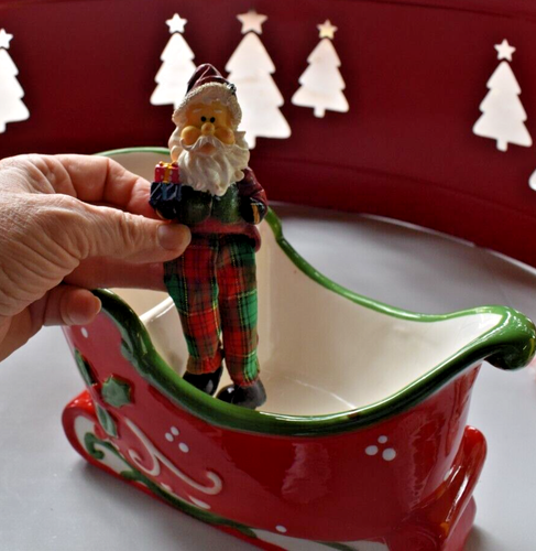 CHRISTMAS SANTA SLED Serving Bowl Dip Dish Centerpiece + Shelf Sitter Santa VTG - Picture 2 of 10