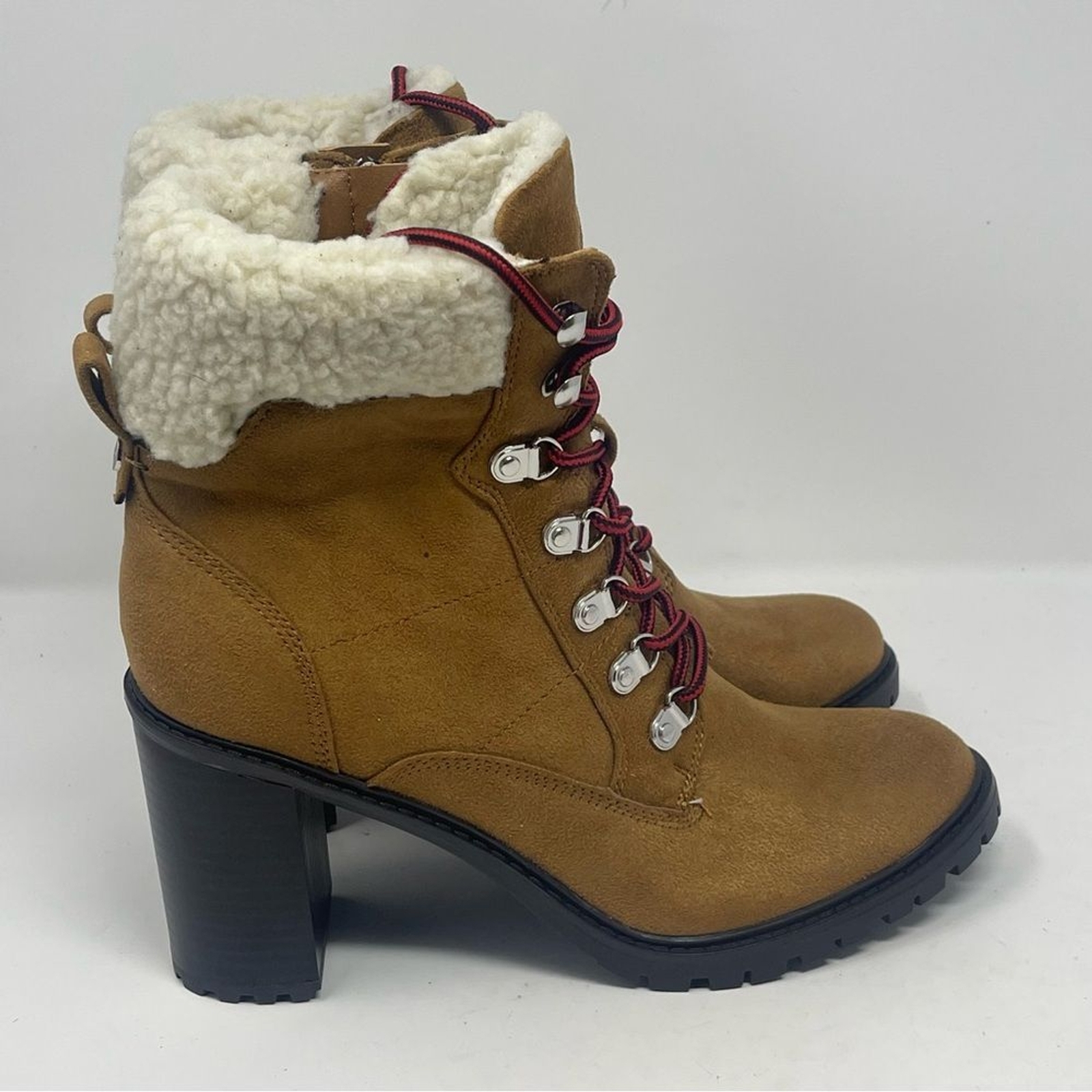 Nine West Peer Sherpa Cuff Boots Womens M Brown Faux Suede