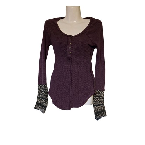 Free People Hensley Purple Waffle Knit Patterned Cuffs Womens XS Cozy Beach Fav - Picture 2 of 10