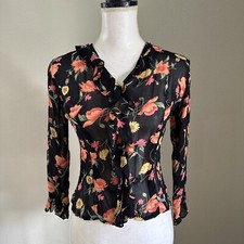 Black floral top blouse ruffles long sleeve  