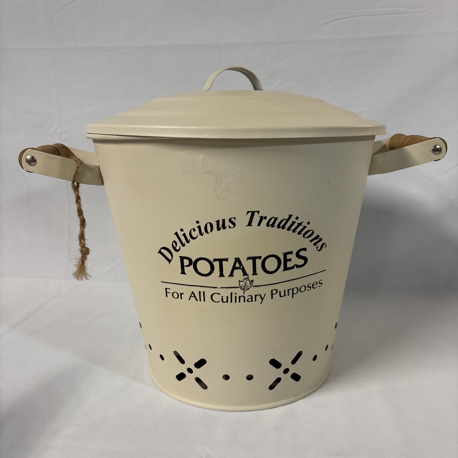 Vtg Potato Basket Pot Metal Bucket Storage Box  Tin Or Mini Trash Can W/Lid