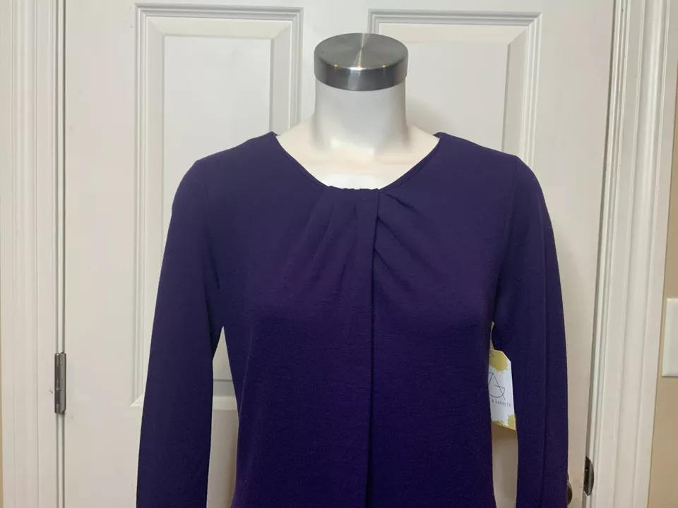 Vestido recto Elie Tahari púrpura mezcla lana escote recogido, talla mediana Foto 2 de 4