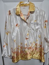 Silk 100 Sz L Long Sleeve Button Closure Yellow Gold PJ Lounge Shirt Top Vtg