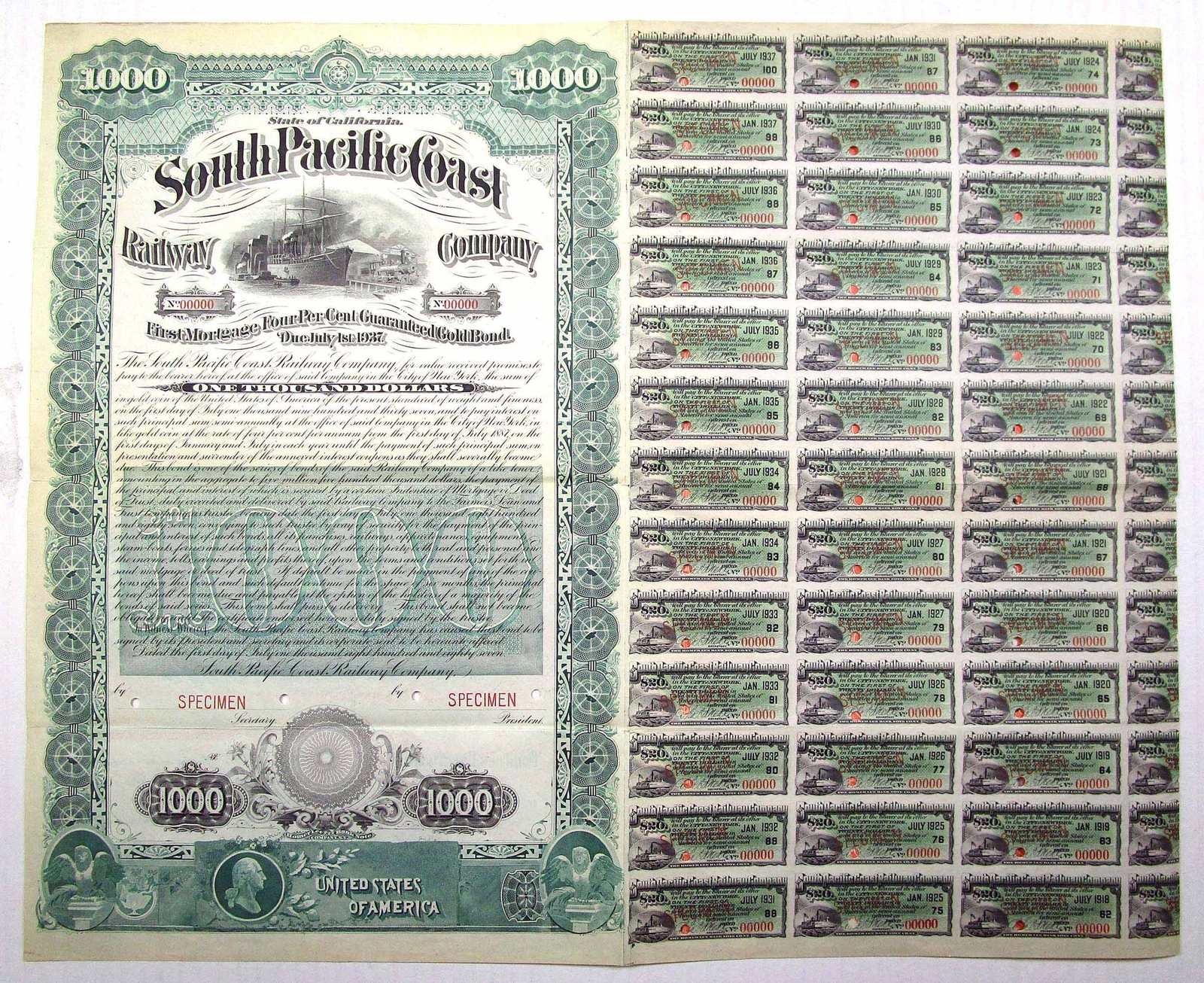 CA. South Pacific Coast Railway Co., 1887. 1000 Specimen 4 Coupon