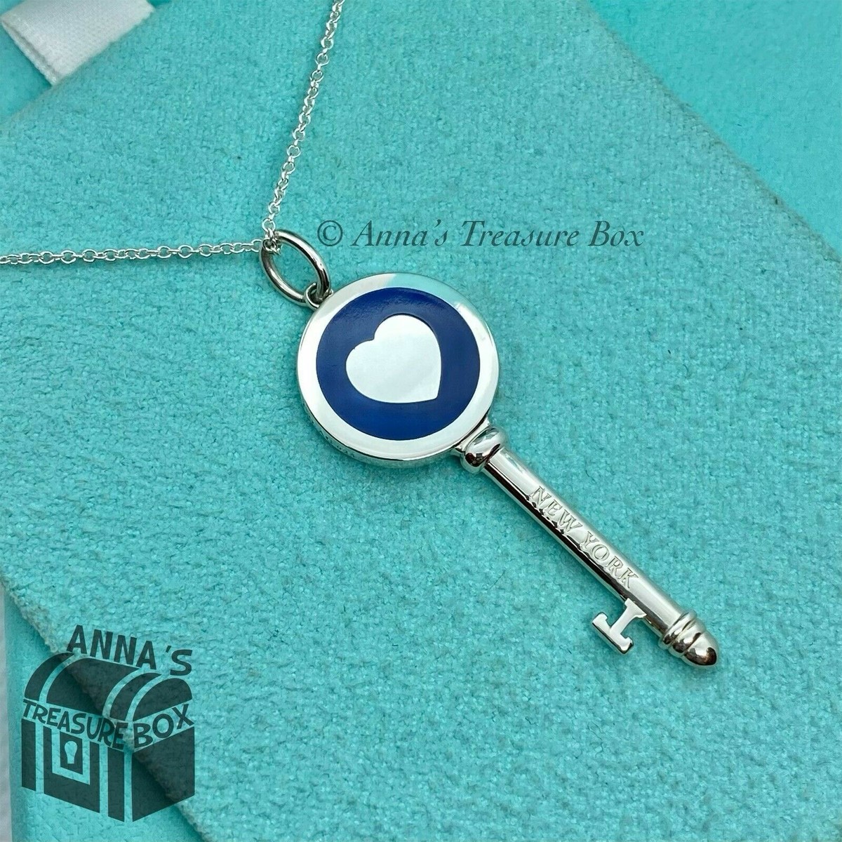 Tiffany & Co. 925 Silver Navy Enamel Heart Key Pendant With 16