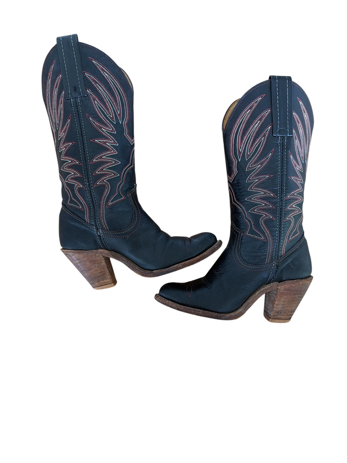 Vintage 80s Frye Black Red Leather Cowboy Boots Sz 5.5B Western Boho Cowgirl