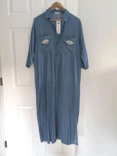 Chambray Maxi Shift Shirt Dress Size 42 Rhinestone Eye w/ Tassle Embellishment