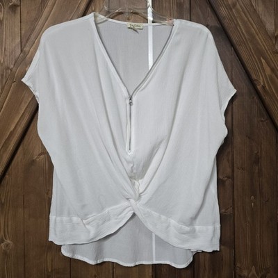 Lily White Women s Top XL White Twist Front Blouse Zip V Neck Short Sleeve Rayon