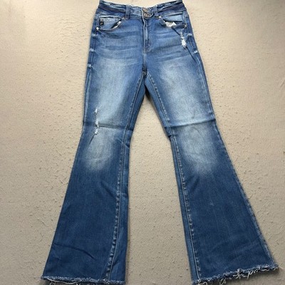 KanCan Distressed Flare Jeans Medium Wash Blue Frayed Hem KC7344M Size 9/28