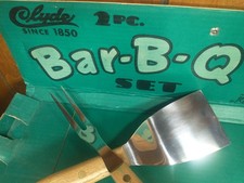 Vintage Clyde Bar-B-Q Set Stainless & Hardwood 22" Grill Spatula & Fork USA Made