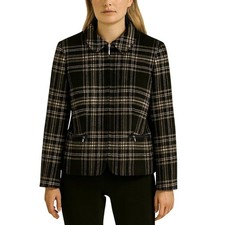 Jones New York Blazer 14 Black White Wool Plaid Tweed Zip Jacket Dark Academia