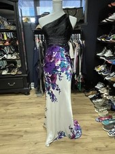Cache Floral Abstract Purple Black Long One Shoulder Gown Size 0